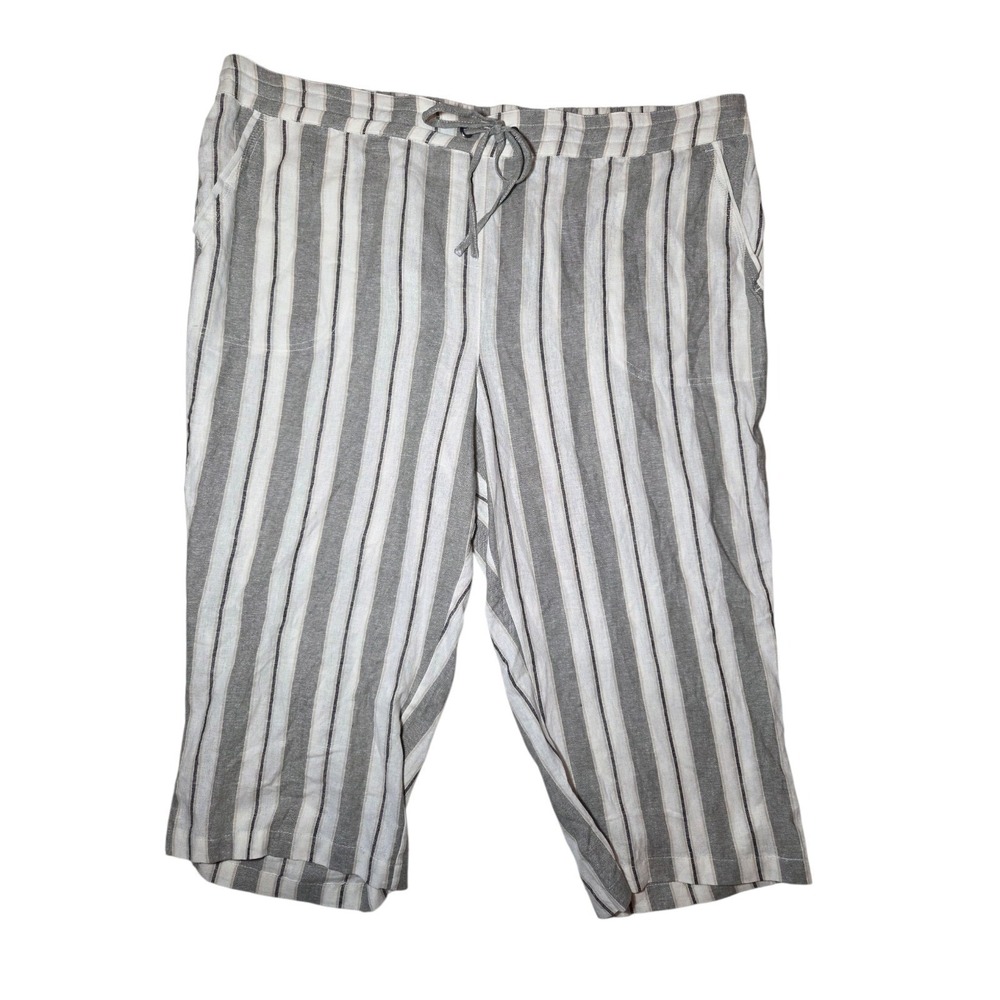 Green White Striped Wife Leg Cropped Linen Blend High Rise Pants Per Se 3X NWT